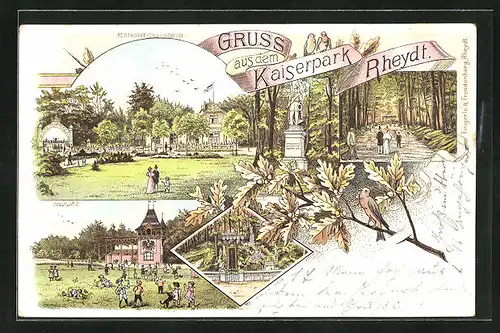 Lithographie Rheydt, Restaurant Kaiserpark mit Denkmal und Spielplatz