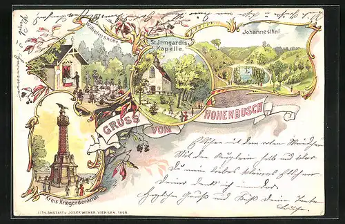 Lithographie Viersen, St. Irmgardis Kapelle, Hohenbusch, Gasthaus Wilhelmshöhe, Kreiskriegerdenkmal