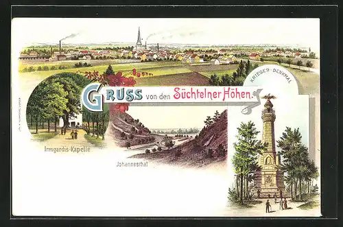 Lithographie Süchteln, Irmgardis-Kapelle, Krieger Denkmal, Johannesthal