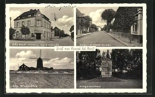 AK Kaarst b. Neuss, Restaurant Adam Müllers an der Maubis-Strasse, Alte Windmühle, Kaiser-Wilhelm-Strasse, Kriegerdenkmal