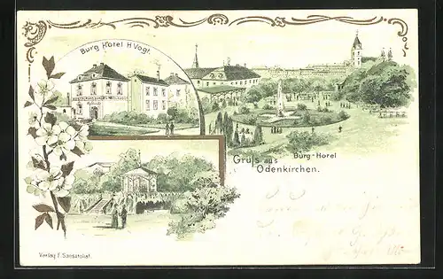 Lithographie Odenkirchen, Burg-Hotel H. Vogt., Springbrunnnen mit Blick zur Stadt