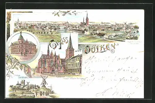 Lithographie Dülken, Rathaus, Kaiser Wilhelm Denkmal an der Kirche, Panorama