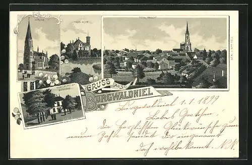 Lithographie Burgwaldniel, Haus Klee, Marktplatz mit Rathaus, Kirche