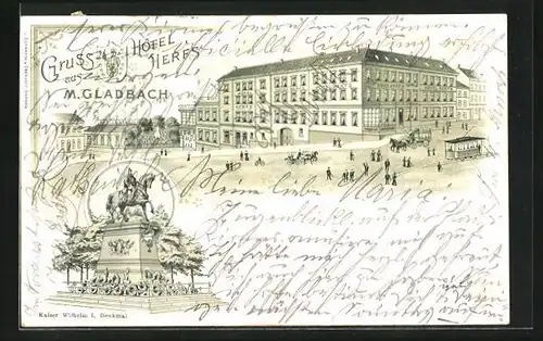 Lithographie M. Gladbach, Hôtel Herfs, Kaiser Wilhelm I. Denkmal