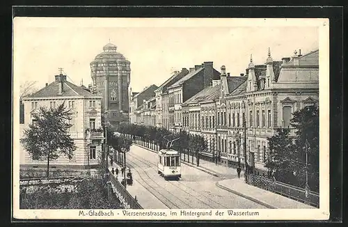 AK Mönchengladbach, Viersenerstrasse, Strassenbahn, im Hintergrund der Wasserturm