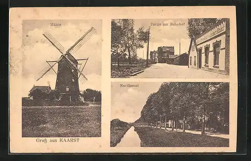 AK Kaarst, Windmühle, Nordkanal, Partie am Bahnhof