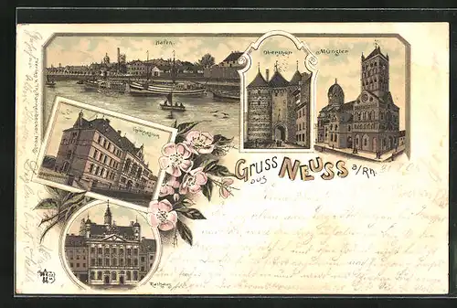 Lithographie Neuss a. Rh., Hafen, Münster, Gymnasium