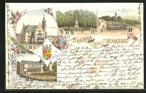 Lithographie Rheydt, Bismarck-Denkmal, Schloss, Rathaus, Wappen
