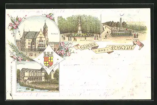 Lithographie Rheydt, Bismarck-Denkmal, Schloss, Rathaus, Wappen