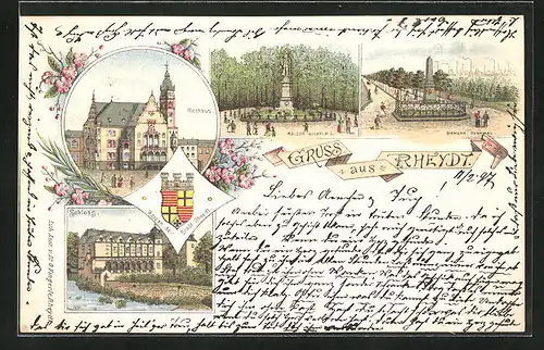 Lithographie Rheydt, Bismarck-Denkmal, Schloss, Rathaus, Wappen