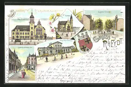 Lithographie Rheydt, Friedrich-Wilhelm Strasse, Berg. Merk. Bahnhof, Augusta-Strasse, Rathaus, Wappen