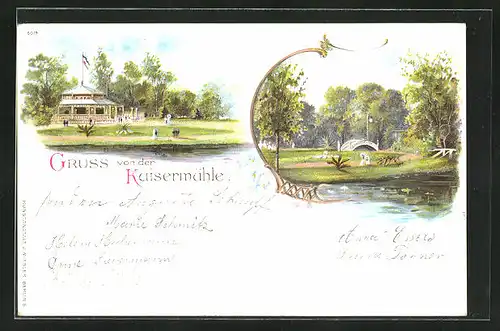 Lithographie Viersen, Gasthaus Kaisermühle, Parkpartie