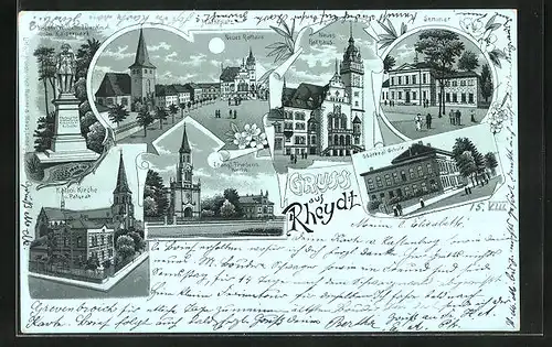 Mondschein-Lithographie Rheydt, Neues Rathaus, Seminar, Oberreal Schule