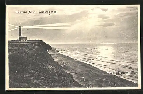 AK Horst, Strandpartie mit Leuchtturm bei Abendstimmung