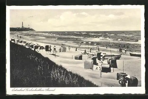 AK Fischerkathen, Strandpartie mit Strandkörben und Leuchtturm