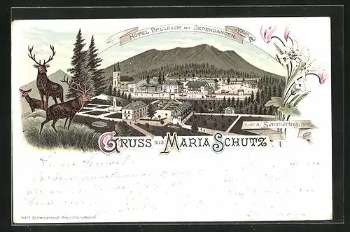 Lithographie Mariaschutz am Semmering, Hotel Bellevue, Rothirsche