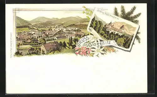 Vorläufer-Lithographie Gloggnitz, 1895, Ortsansicht, Schloss Wartenstein