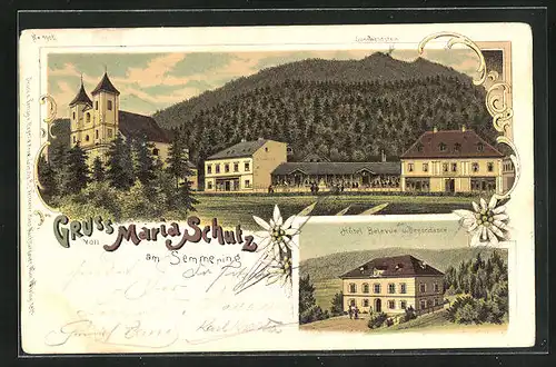 Lithographie Mariaschutz am Semmering, Sonnwendstein, Hotel Bellevue u. Dependance