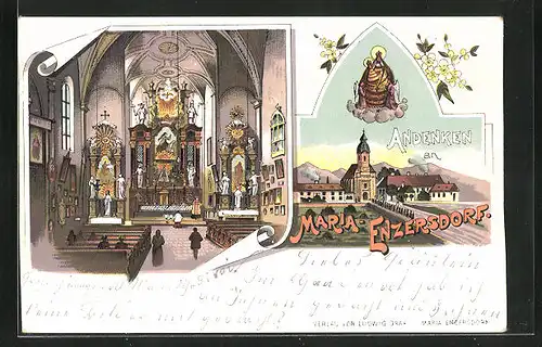 Lithographie Maria Enzersdorf, Innenansicht der Kirche, Gnadenmutter