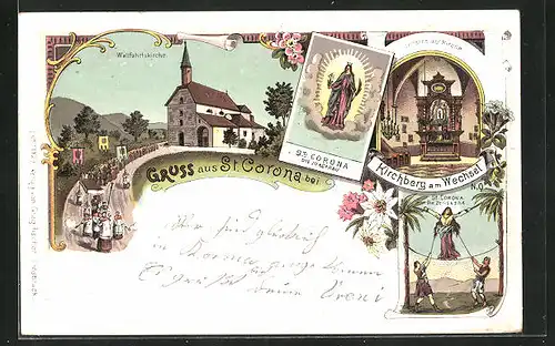 Lithographie St. Corona, Wallfahrtskirche, Jungfrau, Kirchberg am Wechsel