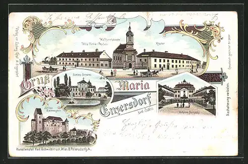 Lithographie Maria Enzersdorf, Wallfahrtskirche, Kloster, Schloss Liechtenstein