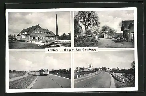 AK Dollerup /Angeln, Ortsansicht aus der Ferne, Windmühle, Bus