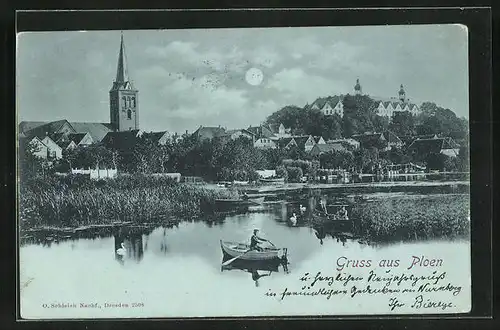 Mondschein-AK Plön, Teilansicht vom See aus, Kirche
