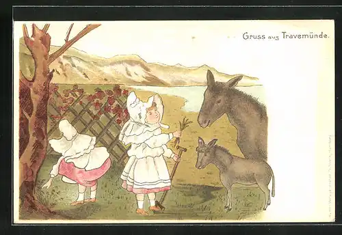 Künstler-AK Travemünde, Mädchen im Garten füttern Esel