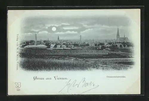 Mondschein-AK Viersen, Ortsansicht bei Vollmond