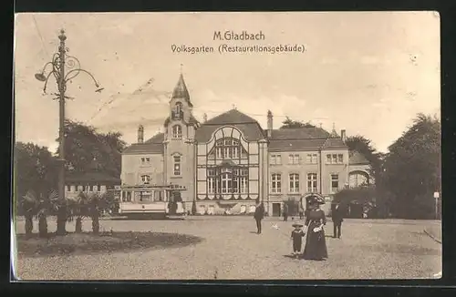 AK M. Gladbach, Volksgarten, Restaurant, Strassenbahn