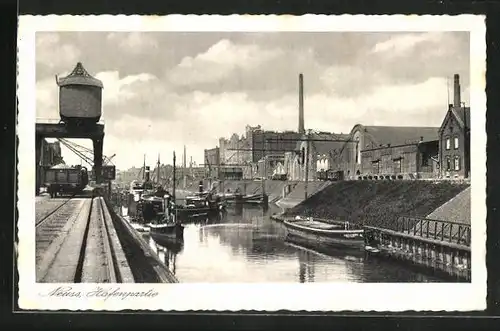 AK Neuss a. Rh., Hafenpartie mit Schiffen