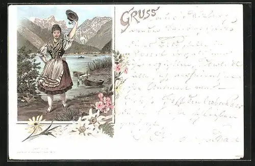 Vorläufer-Lithographie Salzburg, 1894, Salzburgerin in Tracht am Salzachufer