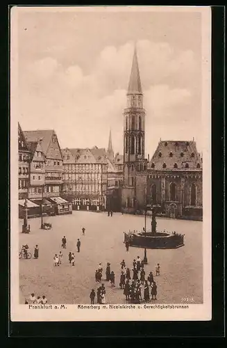 AK Alt-Frankfurt, Römerberg mit Nicolaikirche und Gerechtigkeitsbrunnen