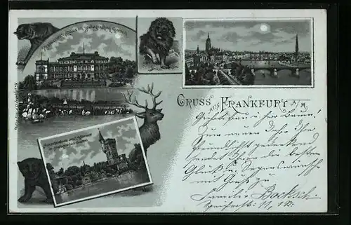 Mondschein-Lithographie Frankfurt-Ostend, Restaurant im zoologischen Garten, Aussichtsturm und Aquarium, Teilansicht