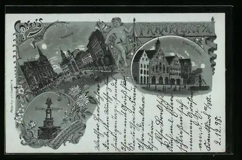 Mondschein-Lithographie Frankfurt a. M., Römer & Römerberg, Rossmarkt, Stoltze-Denkmal