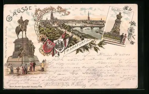 Lithographie Frankfurt am Main, Teilansicht mit Brücke, Kaiser Wilhelm Denkmal, Kaiser Wilhelm Denkmal auf dem Posthof