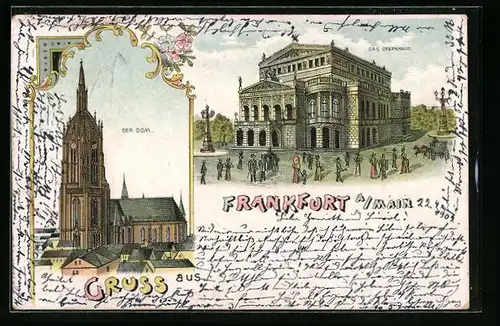 Lithographie Frankfurt a /Main, Der Dom, Das Opernhaus