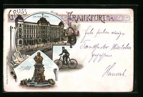 Lithographie Frankfurt a /M., Die neue Post, Kaiser-Büste im Posthof, Soldat auf dem Fahrrad