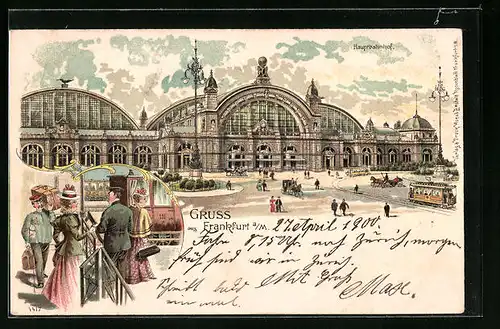 Lithographie Frankfurt a /M., Hauptbahnhof mit Strassenbahn, Frau am Bahnsteig
