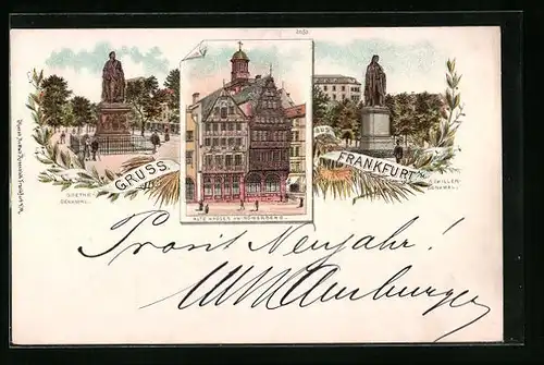 Lithographie Frankfurt a /M., Alte Häuser am Römerberg, Goethe-Denkmal, Schiller-Dnekmal