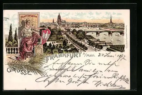 Lithographie Frankfurt a /Main, Teilansicht mit Brücke, Frau mit Wappen