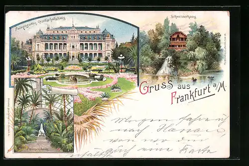 Lithographie Frankfurt-Sachsenhausen, Gasthaus Schweizerhaus, Palmengarten Gesellschaftshaus, Palmenhaus