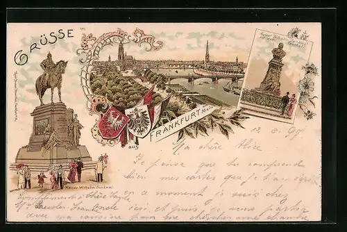 Lithographie Frankfurt am Main, Teilansicht mit Brücke, Kaiser Wilhelm Denkmal, Kaiser Wilhelm Denkmal auf dem Posthof