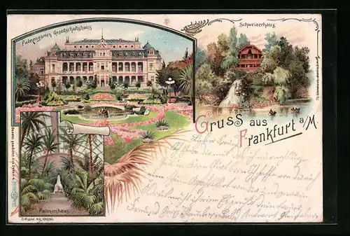 Lithographie Frankfurt-Sachsenhausen, Gasthaus Schweizerhaus, Palmengarten Gesellschaftshaus, Palmenhaus