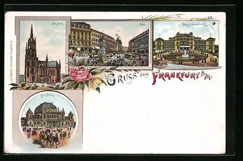 Lithographie Frankfurt a /M., Zoologischer Garten, Dom, Börse