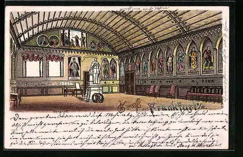 Lithographie Frankfurt a /M., Kaisersaal mit Denkmal, Innenansicht