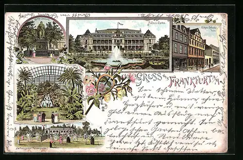 Lithographie Frankfurt a /M., Göthe`s Geburtshaus, Palmen-Garten, Inneres Palmenhaus
