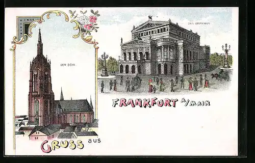 Lithographie Frankfurt a /Main, Das Opernhaus, Der Dom