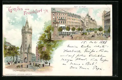 Lithographie Frankfurt a /M., Eschenheimer Turm, Zeil mit Post mit Pferdebahn