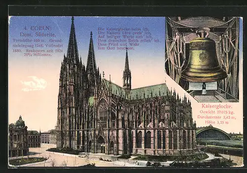 AK Coeln am Rhein, Südseite vom Dom und Kaiserglocke